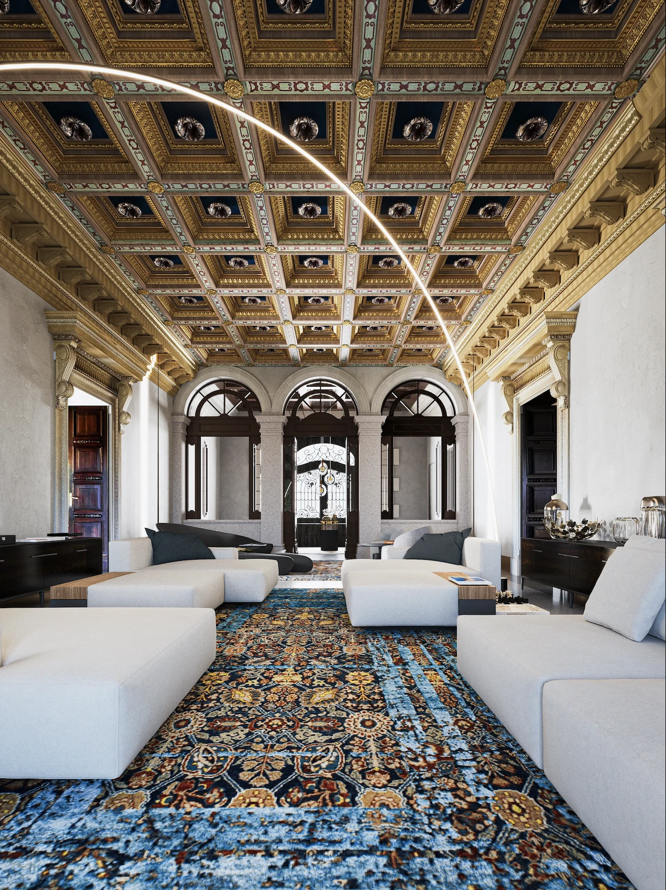 Salone con soffitto a cassettoni e tappeto blu
