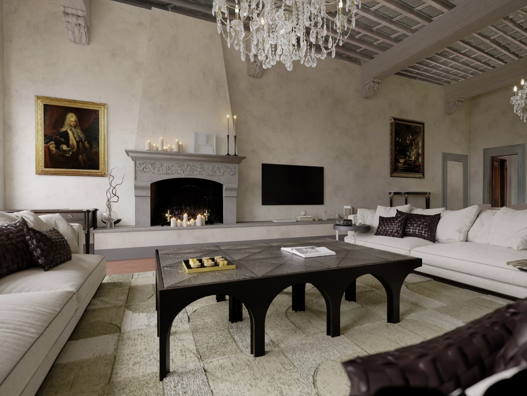 Salone storico con camino in pietra e soffitto ligneo